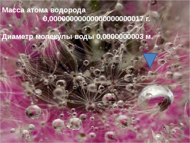 Масса атома водорода  0,00000000000000000000017 г.  Диаметр молекулы воды 0,0000000003 м.  