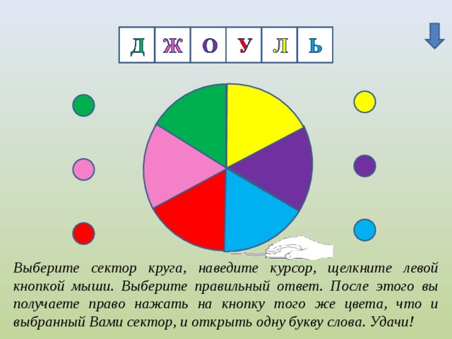 Ж По гиперссылке (стрелке)после завершения работы или в любой момент переходим к слайду №18 Выберите сектор круга, наведите курсор, щелкните левой кнопкой мыши. Выберите правильный ответ. После этого вы получаете право нажать на кнопку того же цвета, что и выбранный Вами сектор, и открыть одну букву слова. Удачи!   
