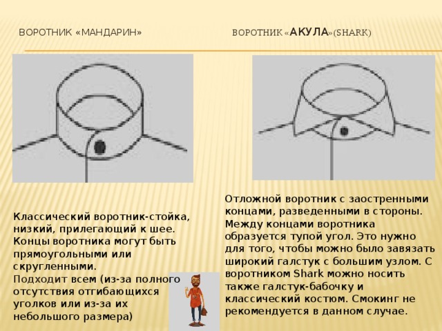 ВОРОТНИК « МАНДАРИН» ВОРОТНИК « АКУЛА »(SHARK)    Отложной воротник с заостренными концами, разведенными в стороны. Между концами воротника образуется тупой угол. Это нужно для того, чтобы можно было завязать широкий галстук с большим узлом. С воротником Shark можно носить также галстук-бабочку и классический костюм. Смокинг не рекомендуется в данном случае. Классический воротник-стойка, низкий, прилегающий к шее. Концы воротника могут быть прямоугольными или скругленными. Подходит всем (из-за полного отсутствия отгибающихся  уголков или из-за их небольшого размера) 