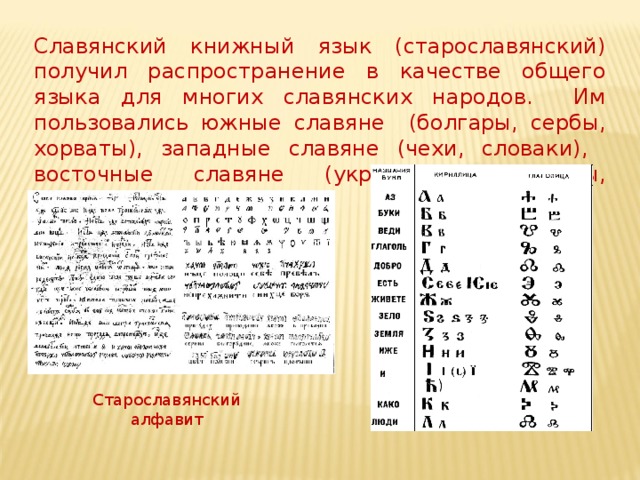 Славянский книжный язык (старославянский) получил распространение в качестве общего языка для многих славянских народов. Им пользовались южные славяне (болгары, сербы, хорваты), западные славяне (чехи, словаки), восточные славяне (украинцы, белорусы, русские). Старославянский алфавит 