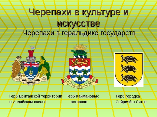 Черепахи в культуре и искусстве  Черепахи в геральдике государств Герб Британской территории Герб Каймановых Герб городка в Индийском океане островов Сейрияй в Литве  