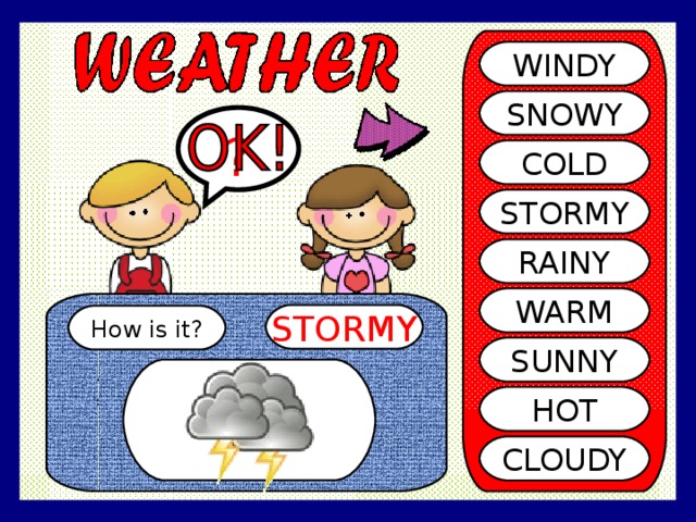 WINDY SNOWY ? COLD STORMY RAINY WARM STORMY How is it? SUNNY HOT CLOUDY 