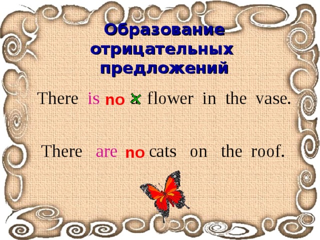 Образование отрицательных предложений There is a flower in the vase.  no  There are   cats on the roof. no 