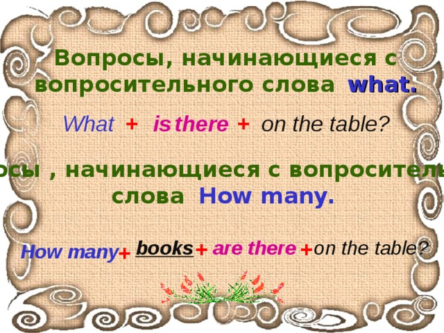 Вопросы , начинающиеся с вопросительного слова   what. What  +  is  there on the table ? +  Вопросы , начинающиеся с вопросительного слова   How many. books are there on the table ? +  +  How many +  