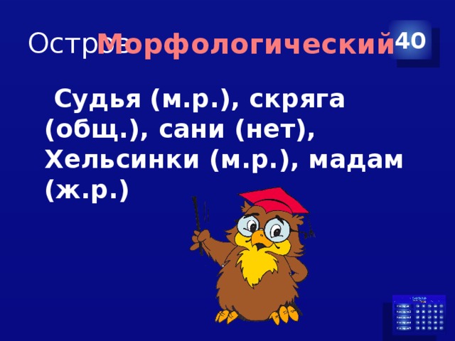 Остров 40 Морфологический  Судья (м.р.), скряга (общ.), сани (нет), Хельсинки (м.р.), мадам (ж.р.) 