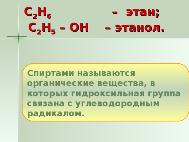 С 2 Н 6 – этан;  С 2 Н 5 – ОН – этанол.       Спиртами называются органические вещества, в которых гидроксильная группа связана с углеводородным радикалом.  