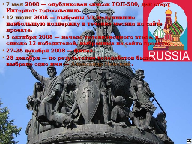 7 мая  2008 — опубликован список ТОП-500, дан старт Интернет- голосованию. 12 июня  2008 — выбраны 50, получившие наибольшую поддержку в течение месяца на сайте проекта. 5 октября 2008 — начало телевизионного этапа, в списке 12 победителей, выбранных на сайте проекта. 27-28 декабря 2008 — финал. 28 декабря — по результатам теледебатов было выбрано одно имя —  Александр Невский .   