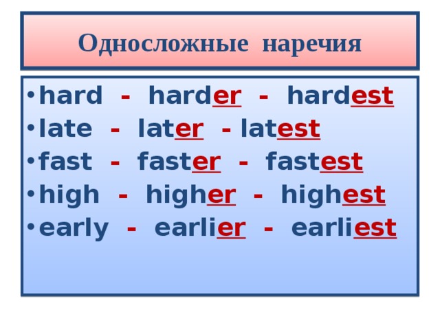Односложные наречия hard - hard er - hard est late - lat er - lat est fast - fast er - fast est high - high er - high est early - earli er - earli est  