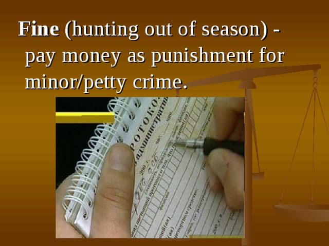  F ine  (hunting out of season) - pay money as punishment for minor/petty crime .  