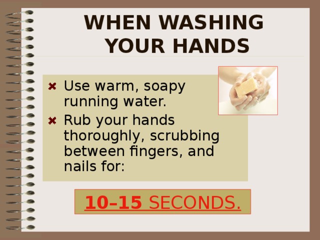 WHEN WASHING  YOUR HANDS Use warm, soapy running water. Rub your hands thoroughly, scrubbing between fingers, and nails for: When Handling Fresh Fruits and Vegetables: The Center for Disease Control (CDC) Recommends that: You wash you hands. Your hands should be washed with clean soapy water before handling or eating your food. Items such as knives and cutting boards that your food comes into contact with are clean. You always rinse fresh fruits and vegetables with water before eating them. Do not use bleach or soap, as these items are not meant for eating. When you eat fresh fruits or vegetables make sure they are not bruised or damaged.   10–15 SECONDS.  