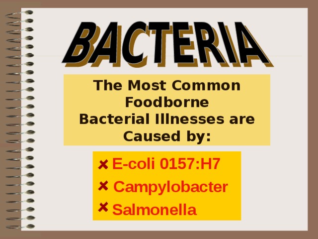 The Most Common Foodborne Bacterial Illnesses are Caused by:   E-coli 0157:H7 This is commonly referred to as “Food Related Infection.”  Campylobacter   Salmonella  