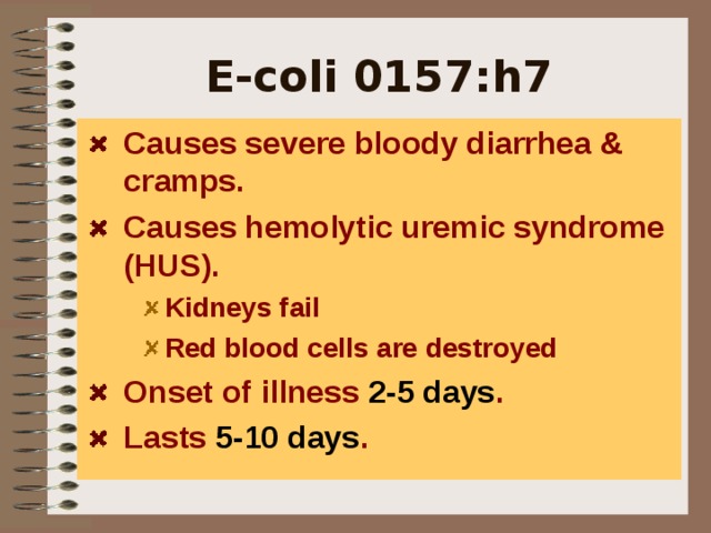 E-coli 0157:h7 Causes severe bloody diarrhea & cramps. Causes hemolytic uremic syndrome (HUS). Kidneys fail Red blood cells are destroyed Kidneys fail Red blood cells are destroyed Onset of illness 2-5 days . Lasts 5-10 days .    It can be found in raw meats and milk that has not been pasteurized. This bacteria can cause severe bloody diarrhea, abdominal cramps, without much fever. E-coli 0157:H7 can cause an illness called hemolytic uremic syndrome (HUS). HUS is a condition where the red blood cells are destroyed and the kidneys fail. E-Coli 0157:H7 can cause anemia, profuse bleeding, and kidney failure. The onset of the illness is typically 2-5 days and lasts 5-10 days.   