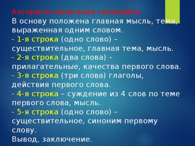 Положить в основу. Что такое Главная мысль синквейна. Синквейн к слову медведь. Синквейн к слову басня. Алгоритм составления синквейна со словом собака.