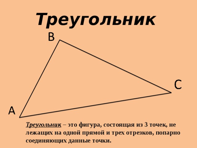 Треугольник Треугольник  –  это фигура, состоящая из 3 точек, не лежащих на одной прямой и трех отрезков, попарно соединяющих данные точки. 