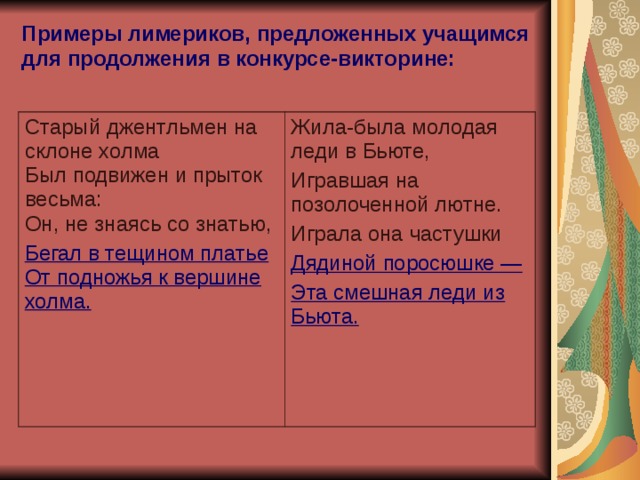 Какова типичная структура лимерика приведите примеры лимериков лира и покажите их соответствие схеме