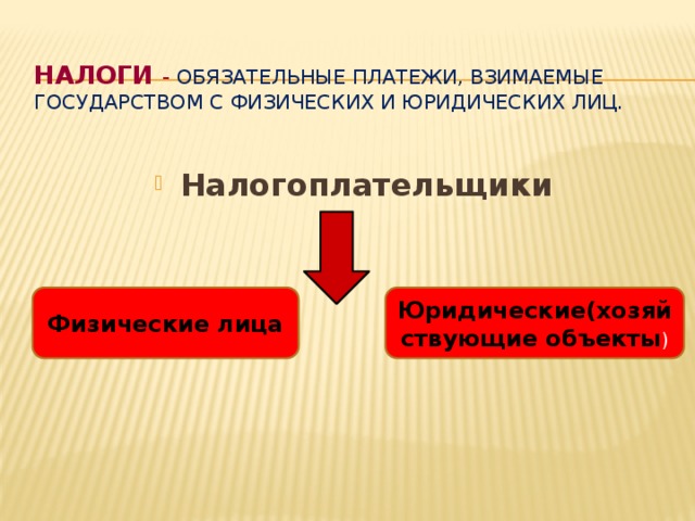Налоги - обязательные платежи, взимаемые государством с физических и юридических лиц.   Налогоплательщики Физические лица Юридические(хозяйствующие объекты ) 