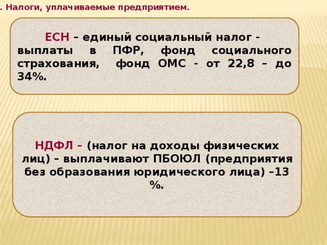 1. Налоги, уплачиваемые предприятием. ЕСН – единый социальный налог - выплаты в ПФР, фонд социального страхования, фонд ОМС - от 22,8 – до 34%. НДФЛ – (налог на доходы физических лиц) – выплачивают ПБОЮЛ (предприятия без образования юридического лица) –13 %. 