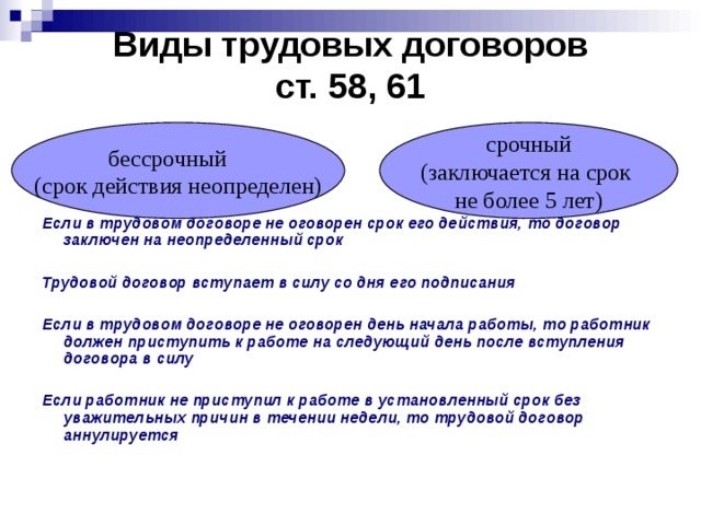  Виды трудовых договоров  ст. 58, 61 бессрочный  (срок действия неопределен) срочный (заключается на срок не более 5 лет)   Если в трудовом договоре не оговорен срок его действия, то договор заключен на неопределенный срок  Трудовой договор вступает в силу со дня его подписания  Если в трудовом договоре не оговорен день начала работы, то работник должен приступить к работе на следующий день после вступления договора в силу  Если работник не приступил к работе в установленный срок без уважительных причин в течении недели, то трудовой договор аннулируется  