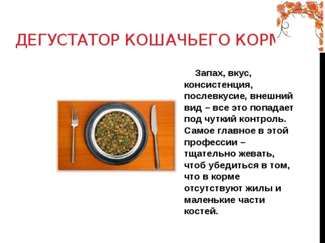 Дегустатор кошачьего корма  Запах, вкус, консистенция, послевкусие, внешний вид – все это попадает под чуткий контроль.  Самое главное в этой профессии – тщательно жевать, чтоб убедиться в том, что в корме отсутствуют жилы и маленькие части костей. 