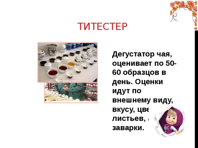  Титестер Дегустатор чая, оценивает по 50-60 образцов в день. Оценки идут по внешнему виду, вкусу, цвету листьев, аромату заварки. 