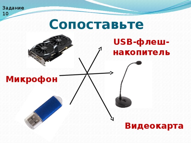 Задание 10 Сопоставьте USB-флеш-накопитель Микрофон  Видеокарта 