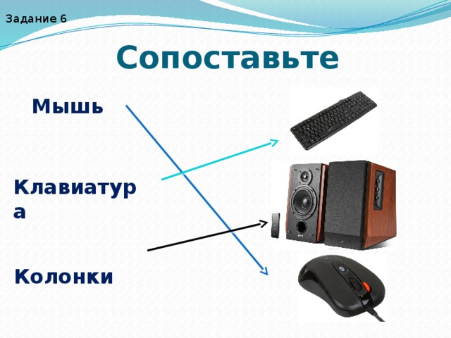 Задание 6 Сопоставьте Мышь Клавиатура  Колонки 