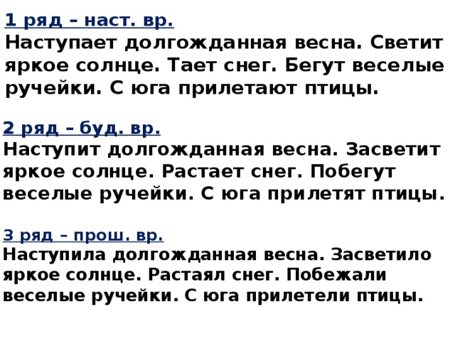 1 ряд – наст. вр.  Наступает долгожданная весна. Светит яркое солнце. Тает снег. Бегут веселые ручейки. С юга прилетают птицы. 2 ряд – буд. вр.  Наступит долгожданная весна. Засветит яркое солнце. Растает снег. Побегут веселые ручейки. С юга прилетят птицы. 3 ряд – прош. вр.  Наступила долгожданная весна. Засветило яркое солнце. Растаял снег. Побежали веселые ручейки. С юга прилетели птицы.