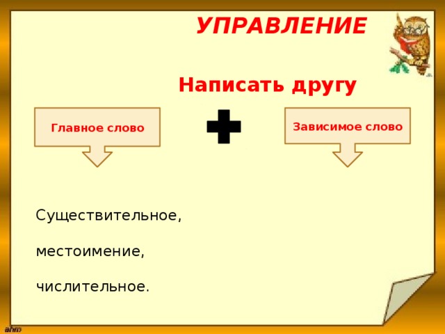  Управление  Написать другу       Существительное,  местоимение,  числительное.   Главное слово Зависимое слово 