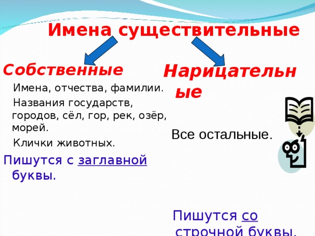 Имена существительные Собственные  Имена, отчества, фамилии.  Названия государств, городов, сёл, гор, рек, озёр, морей.  Клички животных. Пишутся с заглавной буквы. Нарицательные  Все остальные.  Пишутся со строчной буквы.