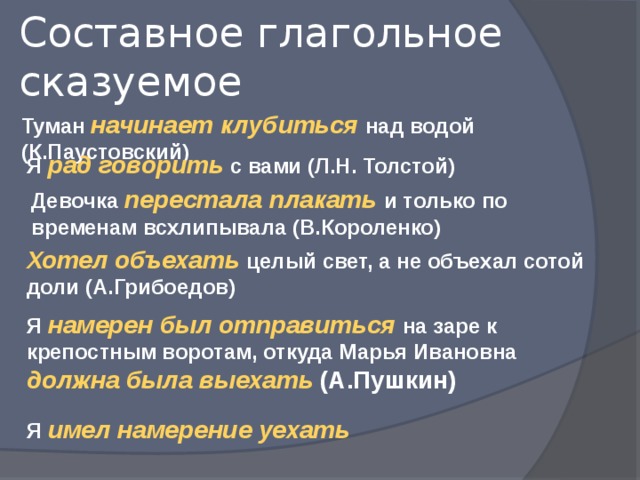 Составное глагольное сказуемое Туман начинает клубиться над водой (К.Паустовский) Я рад говорить с вами (Л.Н. Толстой) Девочка перестала плакать и только по временам всхлипывала (В.Короленко) Хотел объехать целый свет, а не объехал сотой доли (А.Грибоедов) Я намерен был отправиться на заре к крепостным воротам, откуда Марья Ивановна должна была выехать (А.Пушкин) Я имел намерение уехать 