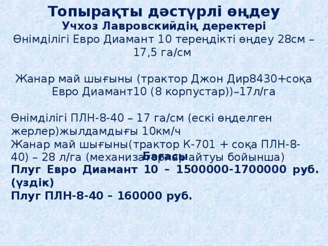 Топырақты дәстүрлі өңдеу Учхоз Лавровскийдің деректері Өнімділігі Евро Диамант 10 тереңдікті өңдеу 28см – 17,5 га/см Жанар май шығыны (трактор Джон Дир8430+соқа Евро Диамант10 (8 корпустар))–17л/га Өнімділігі ПЛН-8-40 – 17 га/см (ескі өңделген жерлер)жылдамдығы 10км/ч Жанар май шығыны(трактор К-701 + соқа ПЛН-8-40) – 28 л/га (механизаторлар айтуы бойынша) Бағасы Плуг Евро Диамант 10 – 1500000-1700000 руб. (үздік) Плуг ПЛН-8-40 – 160000 руб. 