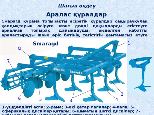 Шағын өңдеу Аралас құралдар Смарагд құрама топырақты өсіретін құралдар саңырауқұлақ қалдықтарын өсіруге және дәнді дақылдарды егістеуге арналған топырақ дайындауды, өңделген қабатты араластыруды және өріс бетінің тегістігін қамтамасыз етуге арналған. 1 Smaragd 8 7 2 6 5 4 3 1-үшдәлдікті аспа; 2-рама; 3-екі қатар лапалар; 4-лапа; 5- сферикалық дискілер қатары; 6-шығатын шеткі дискілер; 7- құбырлы каток; 8-тереңдікті реттеу жазықтығы 