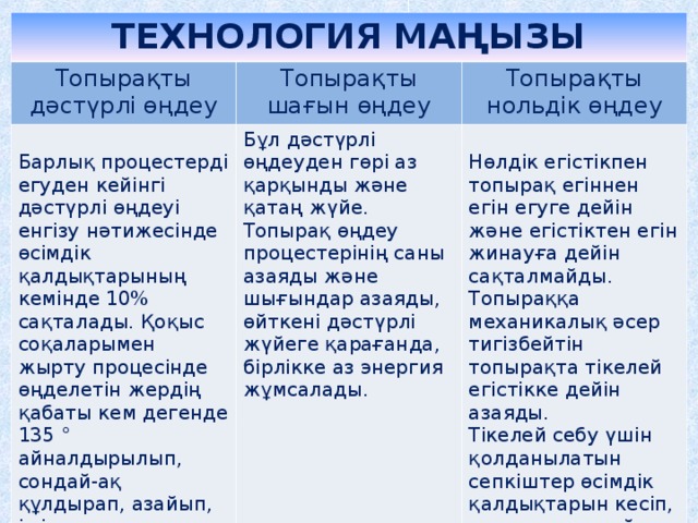 ТЕХНОЛОГИЯ МАҢЫЗЫ Топырақты дәстүрлі өңдеу Барлық процестерді егуден кейінгі дәстүрлі өңдеуі енгізу нәтижесінде өсімдік қалдықтарының кемінде 10% сақталады. Қоқыс соқаларымен жырту процесінде өңделетін жердің қабаты кем дегенде 135 ° айналдырылып, сондай-ақ құлдырап, азайып, ішінара араласады. Топырақты шағын өңдеу Топырақты нольдік өңдеу Бұл дәстүрлі өңдеуден гөрі аз қарқынды және қатаң жүйе. Топырақ өңдеу процестерінің саны азаяды және шығындар азаяды, өйткені дәстүрлі жүйеге қарағанда, бірлікке аз энергия жұмсалады. Нөлдік егістікпен топырақ егіннен егін егуге дейін және егістіктен егін жинауға дейін сақталмайды. Топыраққа механикалық әсер тигізбейтін топырақта тікелей егістікке дейін азаяды. Тікелей себу үшін қолданылатын сепкіштер өсімдік қалдықтарын кесіп, топырақты азайту керек. 