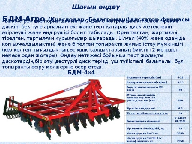 Шағын өңдеу БДМ-Агро (Краснодар, Белагромаш)дискатор фирмасы «BDM-Агро» кәсіпорны диаметрі 2-ден 8 метрге дейінгі жеке тірекке дискіні бекітуге арналған екі және төрт қатарлы диск жетектерін әзірлеуші ​​және өндірушісі болып табылады. Орнатылған, жартылай тірелген, тартылған құрылғылар шығарады. Ылғал (40% және одан да көп ылғалдылықтан) және бітелген топырақта жұмыс істеу мүмкіндігі (кез келген тығыздықтың өсімдік қалдықтарының биіктігі 2 метрден немесе одан жоғары). Өңдеу нәтижесі бойынша төрт жолақты дискотердің бір өтуі дәстүрлі диск тәрізді үш түйіспелі баламалы, бұл топырақты өсіру мөлшеріне әсер етеді. БДМ-4x4 Өңделетін тереңдік (см) Өңдеу жылдамдығы(км/час) 6-18 Топырқ ылғалдылығы (%) дейін 8-25 40 Жұмыс дискілерінің диаметрлері HRC 50 қалыңдығы мм (мм) Бір өтімге өңдеу ені 560 Жұмыс жасайтын мүшелер саны 4,3 Тракторларға тіркеледі 39 К-744Р2 (К-700) Бір кезектегі өнімділігі, га, Масса орудия 3х4П, кг 35 Масса орудия 3х4ПШК (с шлейф-катком), кг 2550 2850 