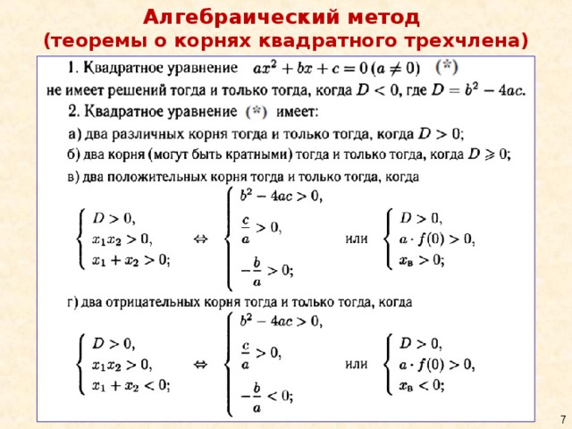 Алгебраический метод  (теоремы о корнях квадратного трехчлена)   