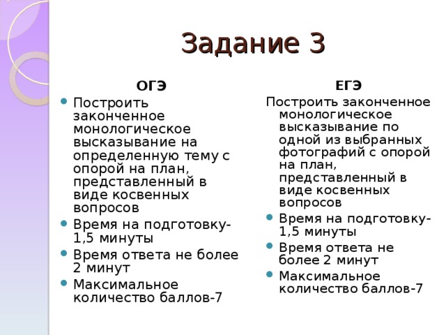 Задание 3 ОГЭ Построить законченное монологическое высказывание на определенную тему с опорой на план, представленный в виде косвенных вопросов Время на подготовку-1,5 минуты Время ответа не более 2 минут Максимальное количество баллов-7  ЕГЭ Построить законченное монологическое высказывание по одной из выбранных фотографий с опорой на план, представленный в виде косвенных вопросов Время на подготовку-1,5 минуты Время ответа не более 2 минут Максимальное количество баллов-7  