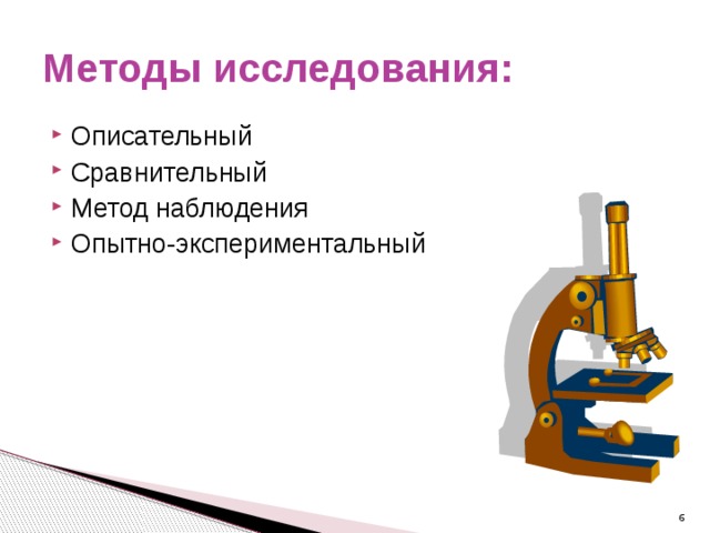 Методы исследования: Описательный Сравнительный Метод наблюдения Опытно-экспериментальный  