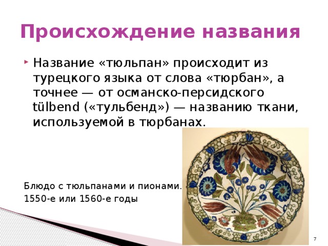 Происхождение названия Название «тюльпан» происходит из турецкого языка от слова «тюрбан», а точнее — от османско-персидского tülbend («тульбенд») — названию ткани, используемой в тюрбанах. Блюдо с тюльпанами и пионами. 1550-е или 1560-е годы  
