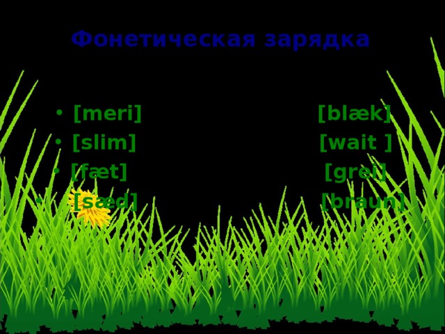 Фонетическая зарядка  [ meri ] [ bl æ k ] [ slim ] [ wait ] [fæ t ] [g rei ]  [ s æ d ] [b raun ]  