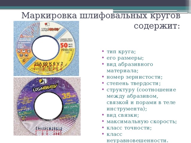 Маркировка шлифовальных кругов содержит: тип круга; его размеры; вид абразивного материала; номер зернистости; степень твердости; структуру (соотношение между абразивом, связкой и порами в теле инструмента); вид связки; максимальную скорость; класс точности; класс неуравновешенности. 