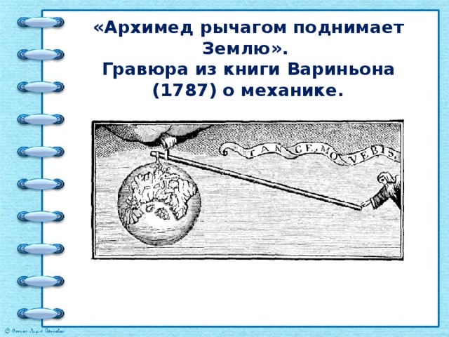 «Архимед рычагом поднимает Землю».  Гравюра из книги Вариньона (1787) о механике.  