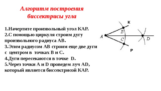 Биссектриса данного угла. Алгоритм построения биссектрисы угла с помощью циркуля. Построение биссектрисы угла с помощью циркуля. Построение биссектрисы угла с помощью циркуля и линейки. Как построить биссектрису угла с помощью циркуля и линейки 7.