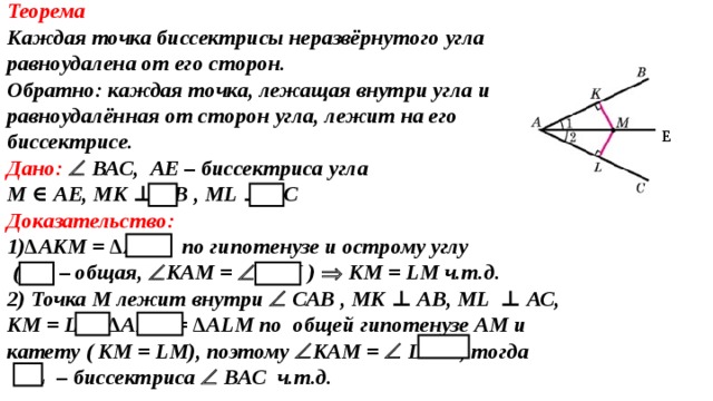 Теорема каждая точка биссектрисы неразвернутого угла. Каждая точка биссектрисы неразвернутого угла. Каждая точка биссектрисы неразвернутого угла равноудалена от его. Каждая точка лежащая на биссектрисе. Каждая точка биссектрисы неразвернутого угла равноудалена.