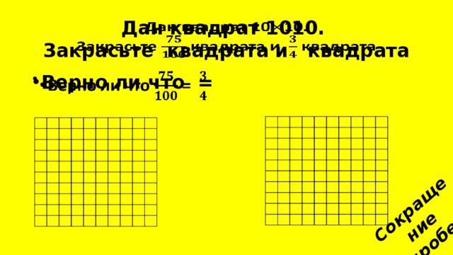 Сокращение дробей   Дан квадрат 1010.  Закрасьте квадрата и квадрата Верно ли что =                                                                                                                                                                                                                                                                                                                                                                                                                   