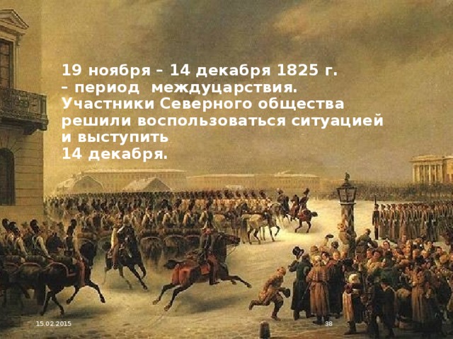 19 ноября – 14 декабря 1825 г.  – период междуцарствия.  Участники Северного общества решили воспользоваться ситуацией и выступить  14 декабря.    15.02.2015  