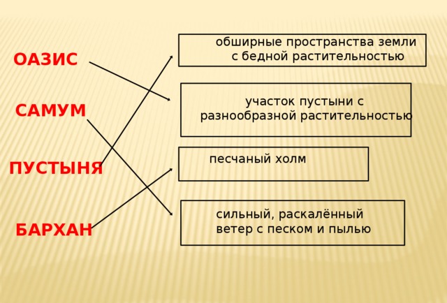 обширные пространства земли  с бедной растительностью ОАЗИС участок пустыни с  разнообразной растительностью САМУМ песчаный холм ПУСТЫНЯ сильный, раскалённый  ветер с песком и пылью БАРХАН