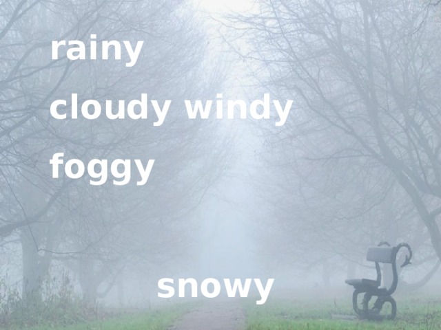 rainy cloudy windy foggy  snowy sunny chilly stormy 