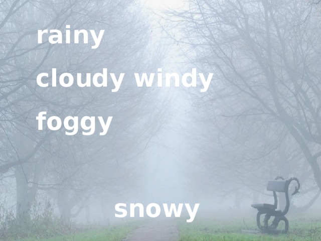 rainy cloudy windy foggy  snowy sunny chilly stormy 
