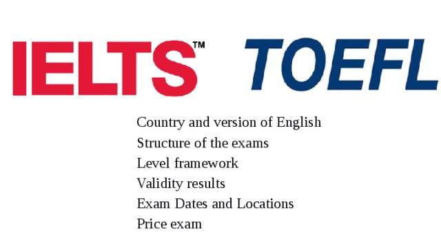 Country and version of English Structure of the exams Level framework Validity results Exam Dates and Locations Price exam 