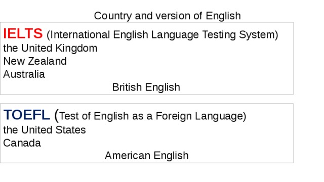 Country and version of English   IELTS  (International English Language Testing System) the United Kingdom New Zealand Australia  British English TOEFL ( Test of English as a Foreign Language) the United States Canada American English 